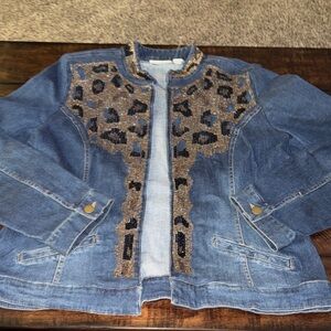 Chico's Blue Denim Jacket with Leopard Print Accents